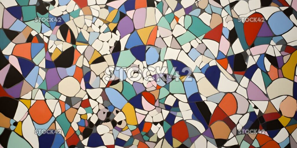 An abstract mosaic of irregular shapes and colors on a wh two