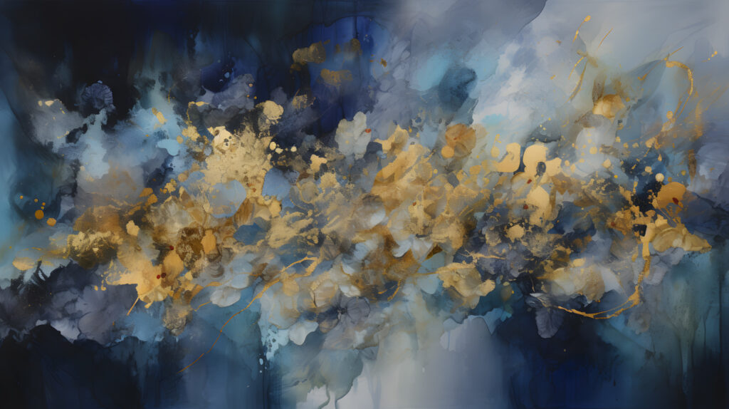 An abstract watercolor wash with gold and silver metallic three