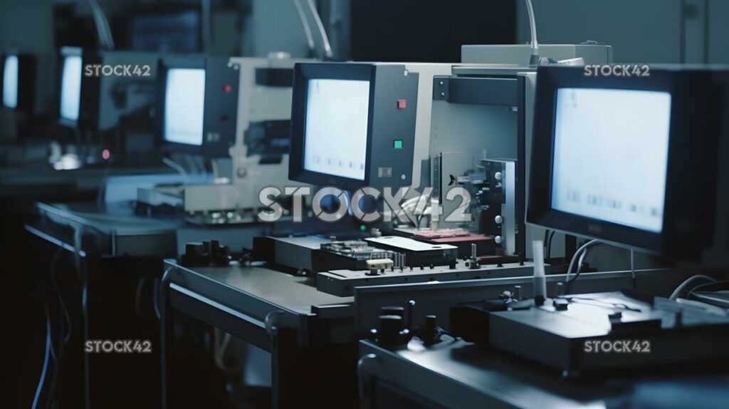 An assembly line of machines assembling and testing elect