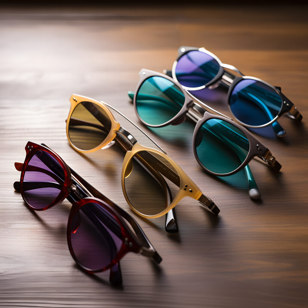 An assortment of colorful and fashionable sunglasses laid