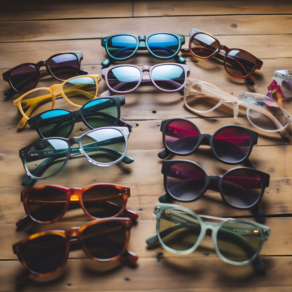 An assortment of colorful and fashionable sunglasses laid one