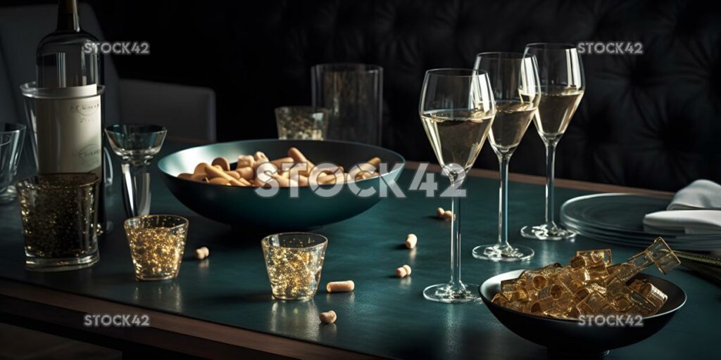 An elegant table setting with champagne glasses and party