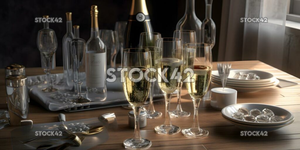 An elegant table setting with champagne glasses and party one