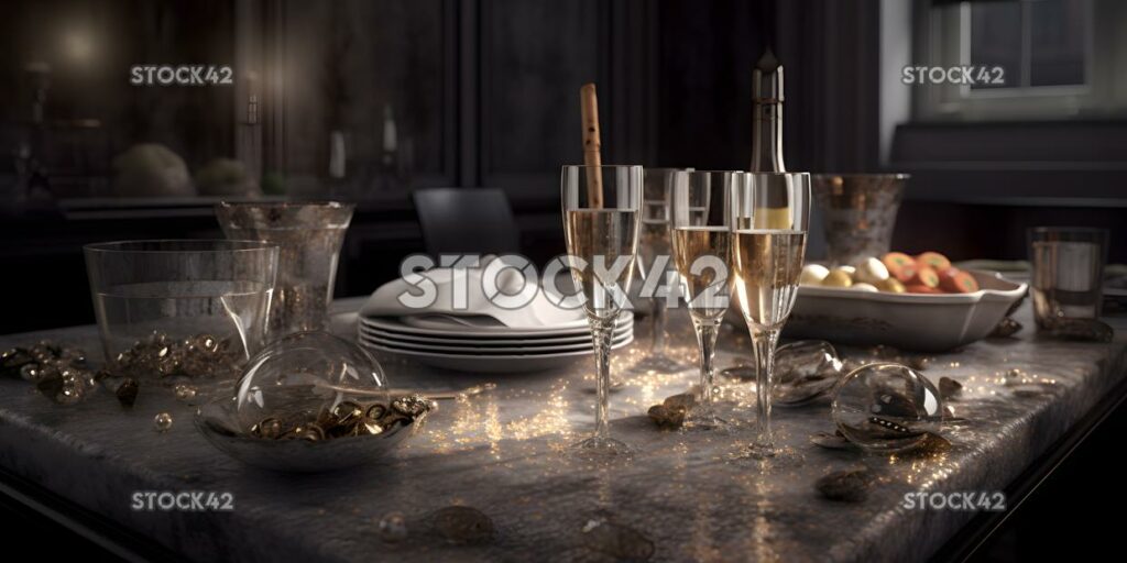 An elegant table setting with champagne glasses and party two