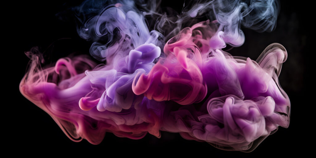 An ethereal cloud of pink and purple smoke on a black bac one