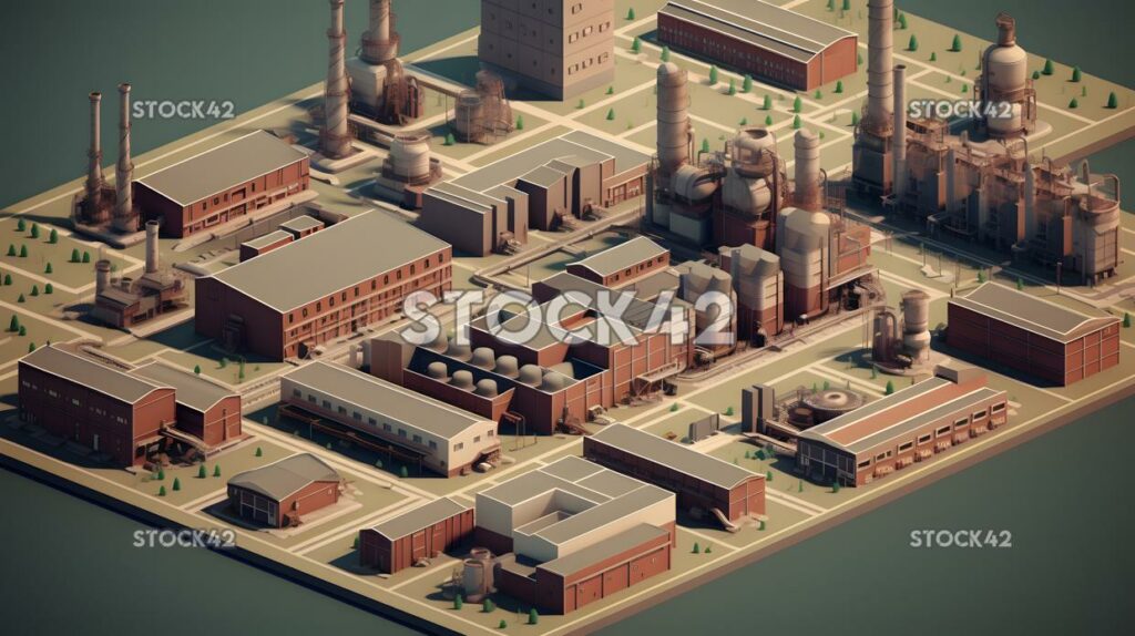 An industrial area with multiple factories and warehouses