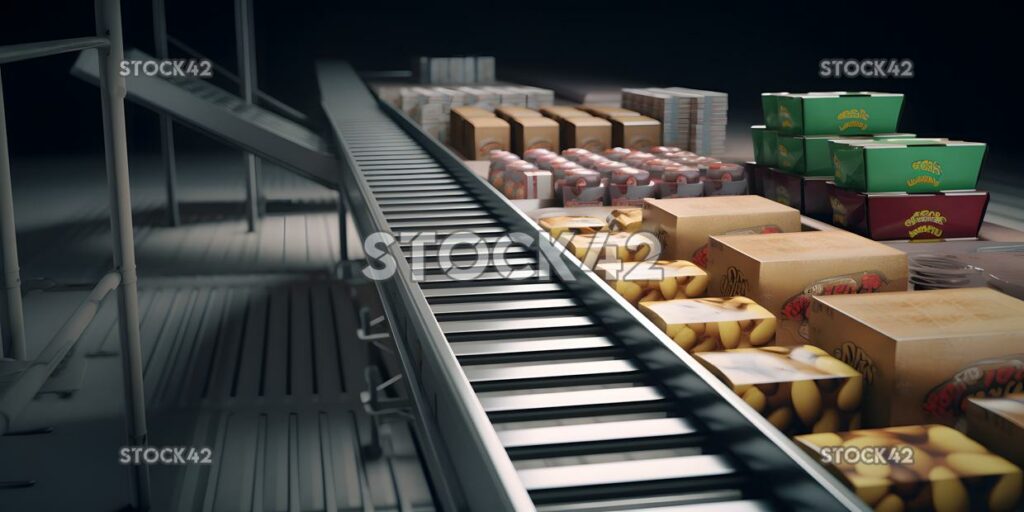 An industrial conveyor belt with boxes of food products H