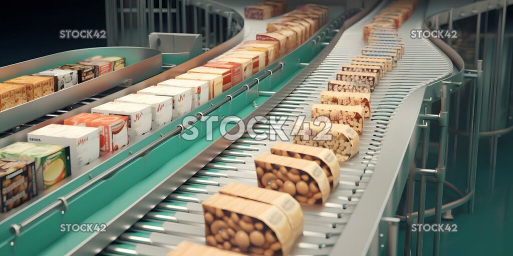 An industrial conveyor belt with boxes of food products H one