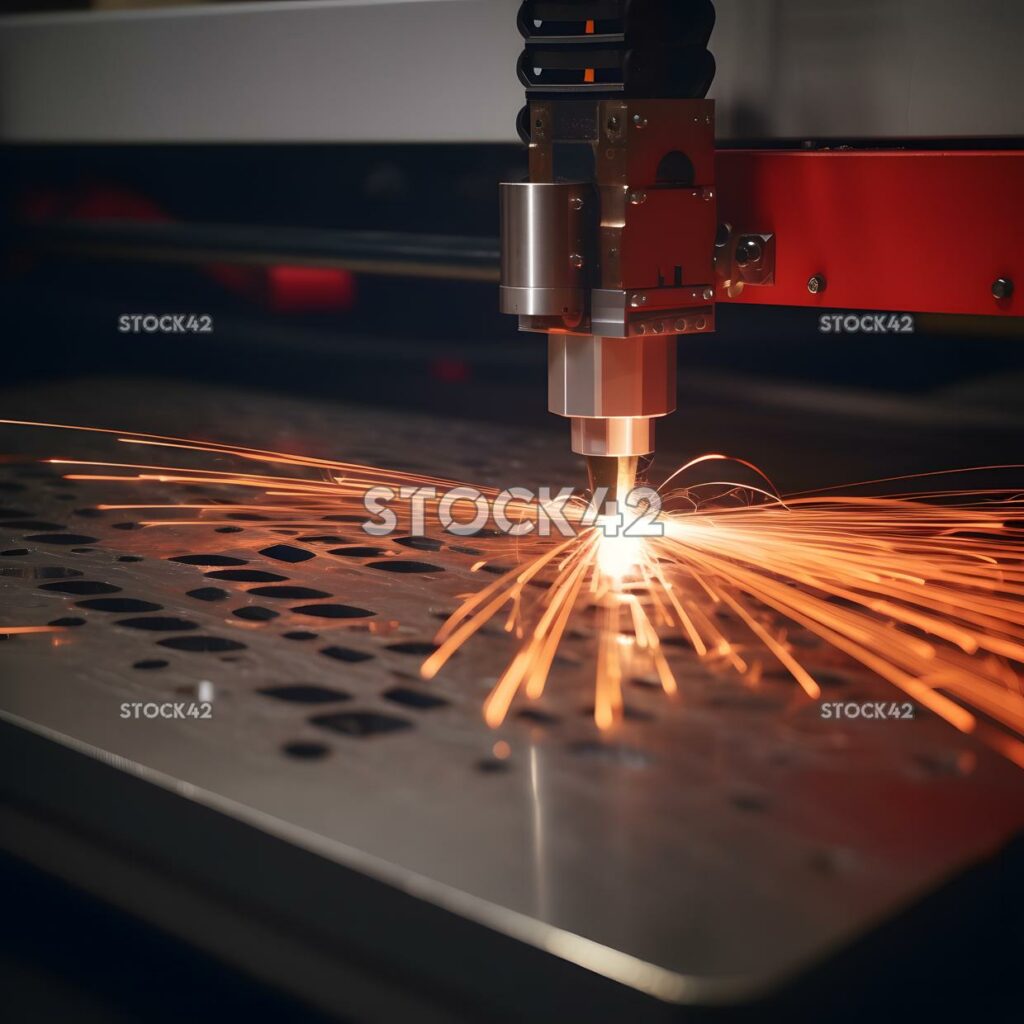 An industrial laser cutter slicing through a sheet of met