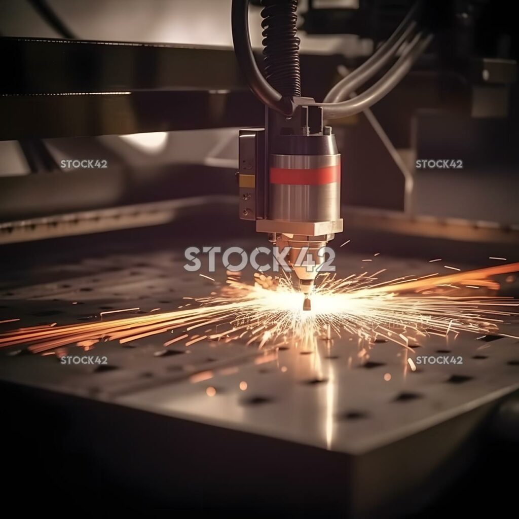 Ein industrieller Laserschneider, der ein Blech aus Metallelementen durchschneidet.