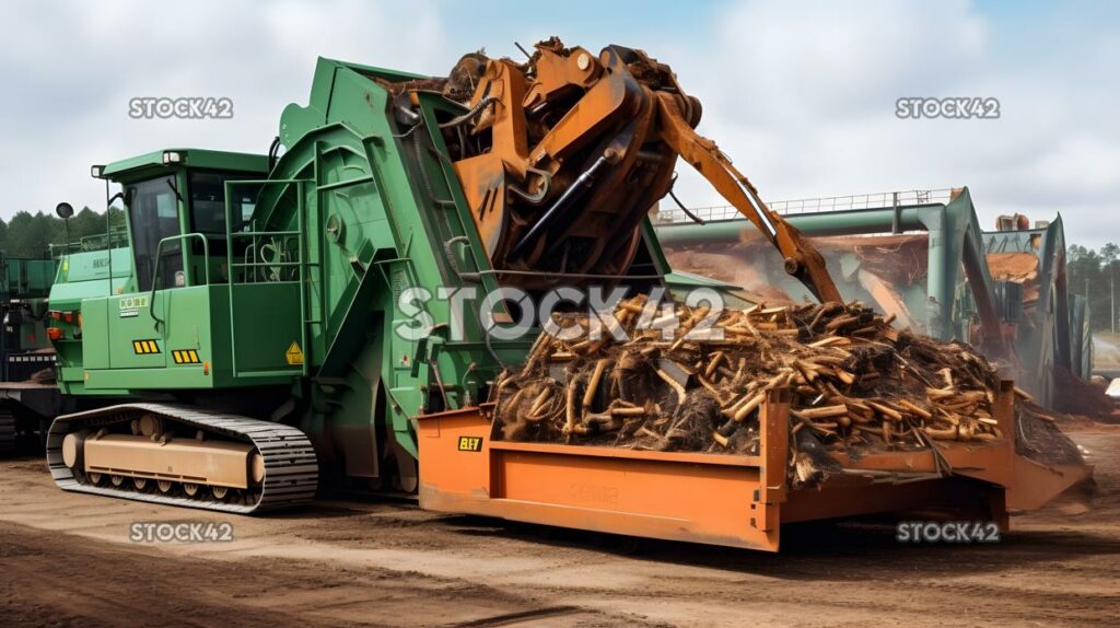 An industrial-scale wood chipper shredding logs colors