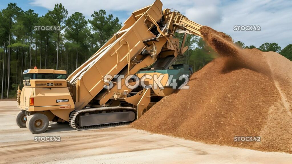 An industrial-scale wood chipper shredding logs colors one