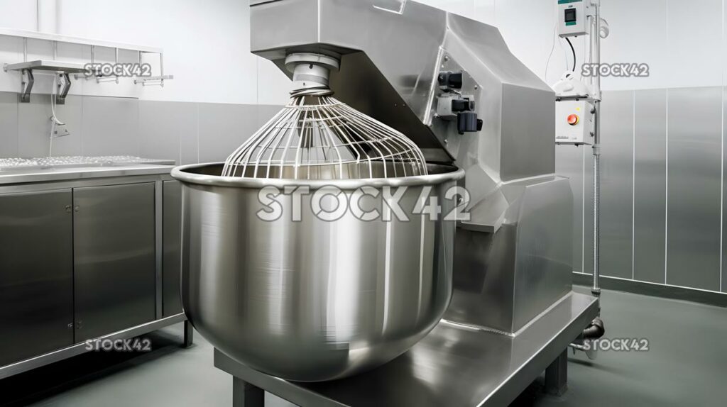 An industrial-sized mixer blending ingredients for food p