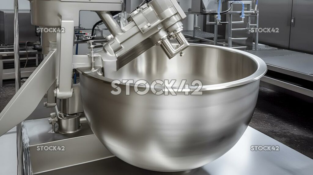 An industrial-sized mixer blending ingredients for food p one