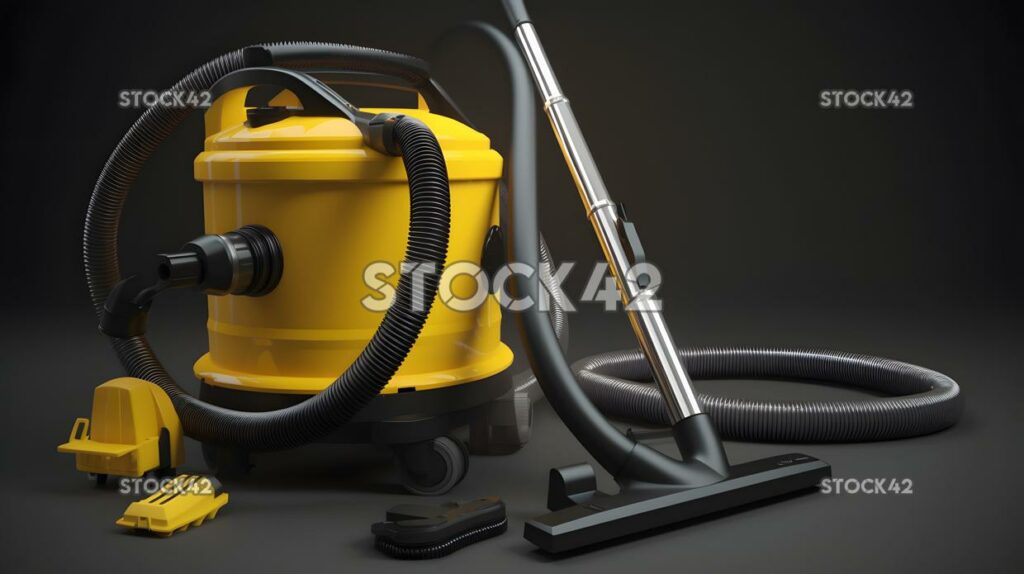 An industrial-sized vacuum cleaner with hoses and attachm