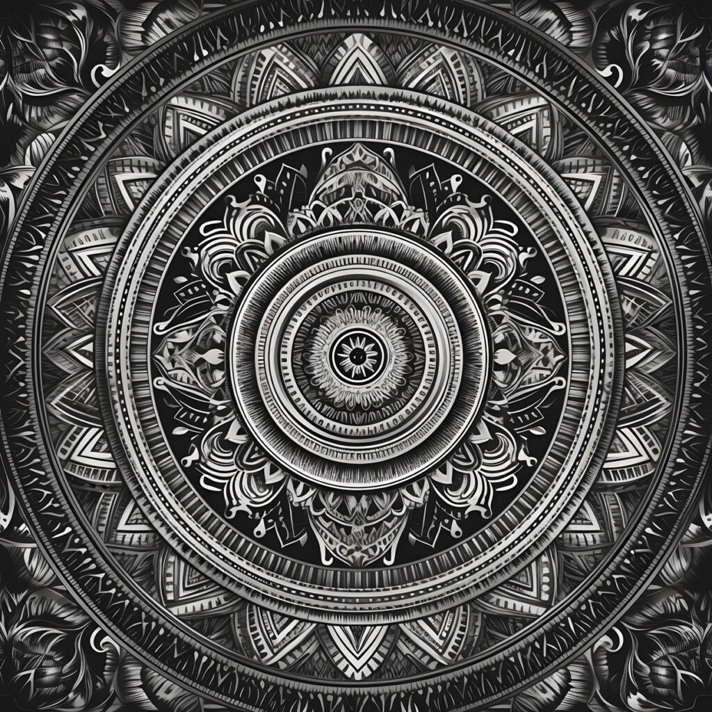 An intricate black and white mandala design with repeatin