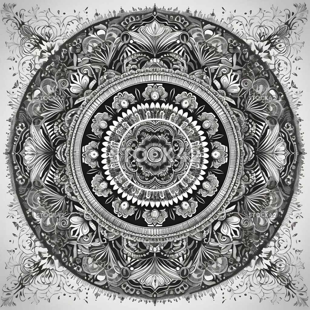 An intricate black and white mandala design with repeatin one