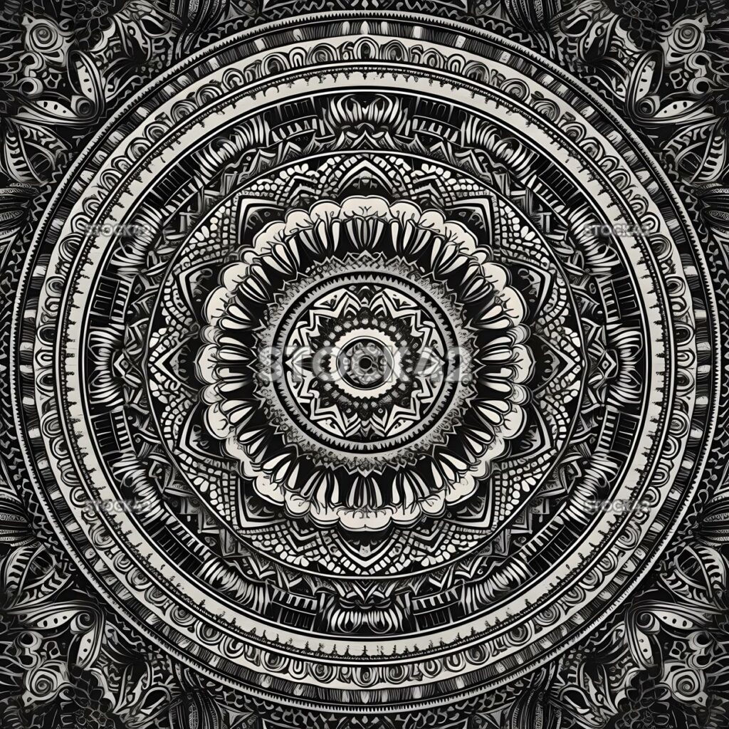 An intricate black and white mandala design with repeatin three