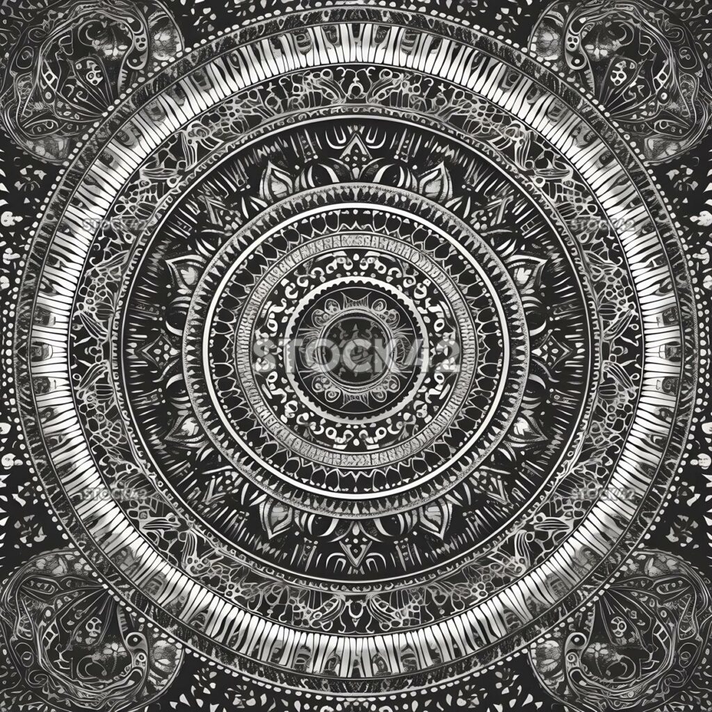 An intricate black and white mandala design with repeatin two