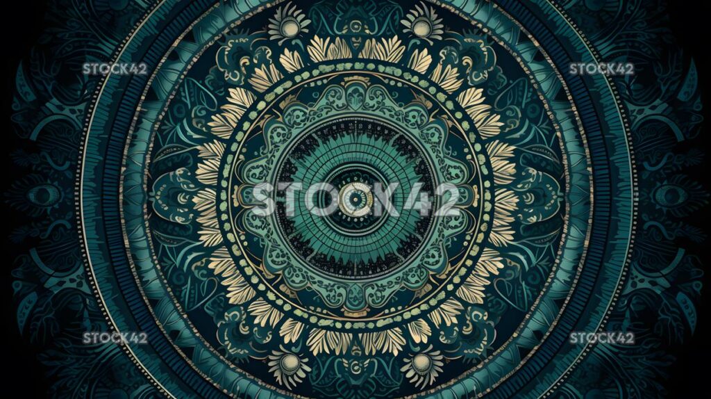 An intricate mandala design in shades of blue and green