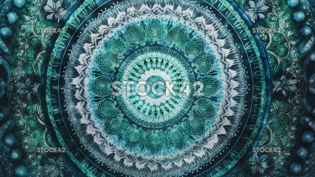 An intricate mandala design in shades of blue and green one