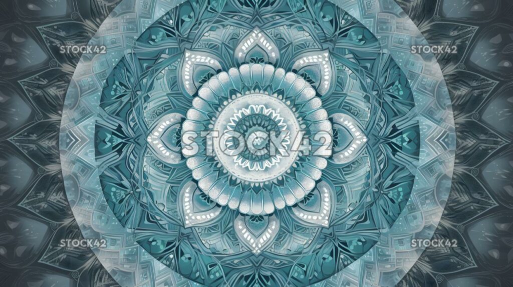 An intricate mandala design in shades of blue and green three