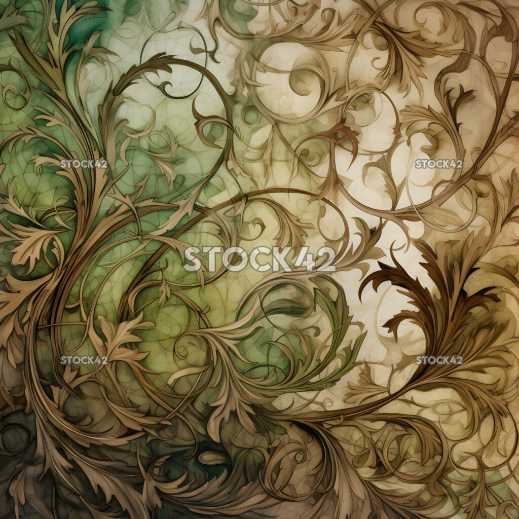 An intricate pattern of swirling vines and leaves in shad three