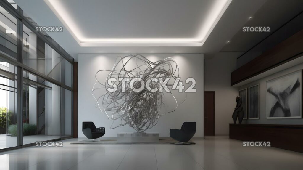 An office lobby with a large modern sculpture dynamic lig