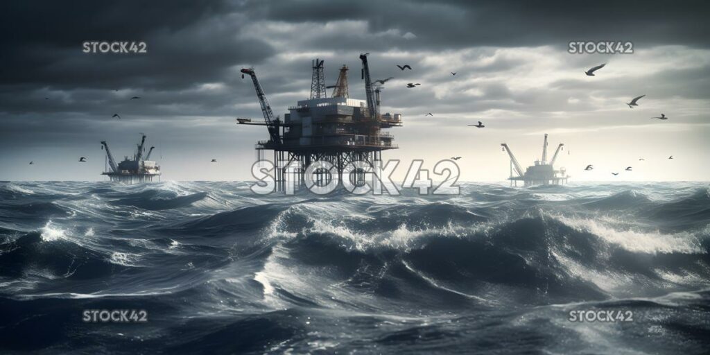 An oil rig in the middle of the ocean surrounded by waves