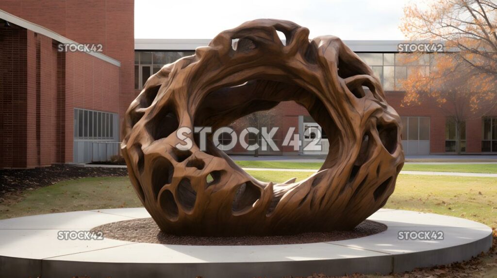 An outdoor sculpture on campus with no people around it H