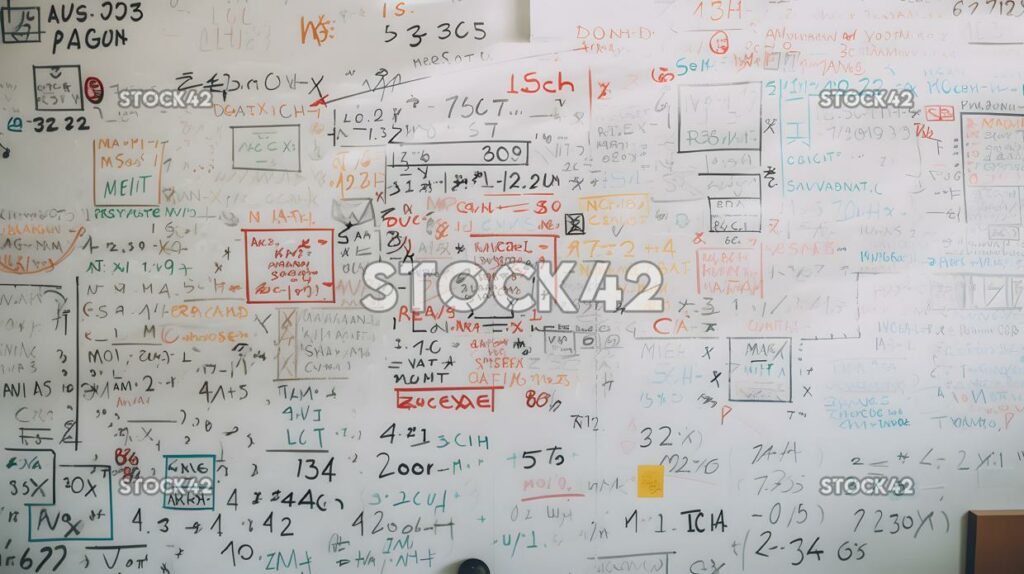 An overhead shot of a classroom whiteboard filled with ma