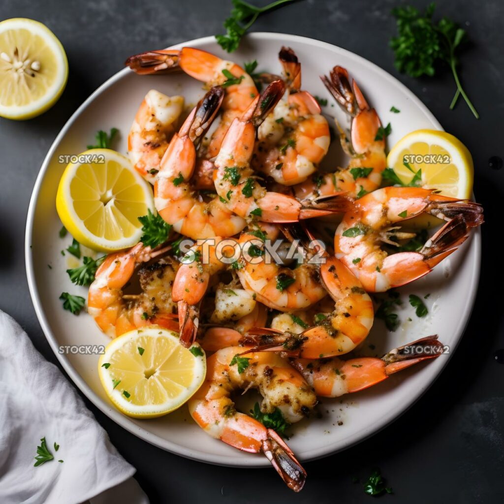 Aplateofgrilledshrimpwithlemonwedgesandherbso