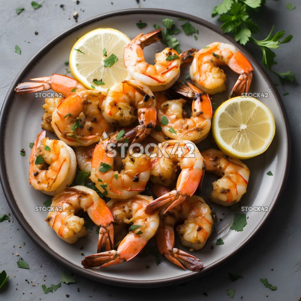 Aplateofgrilledshrimpwithlemonwedgesandherbso three