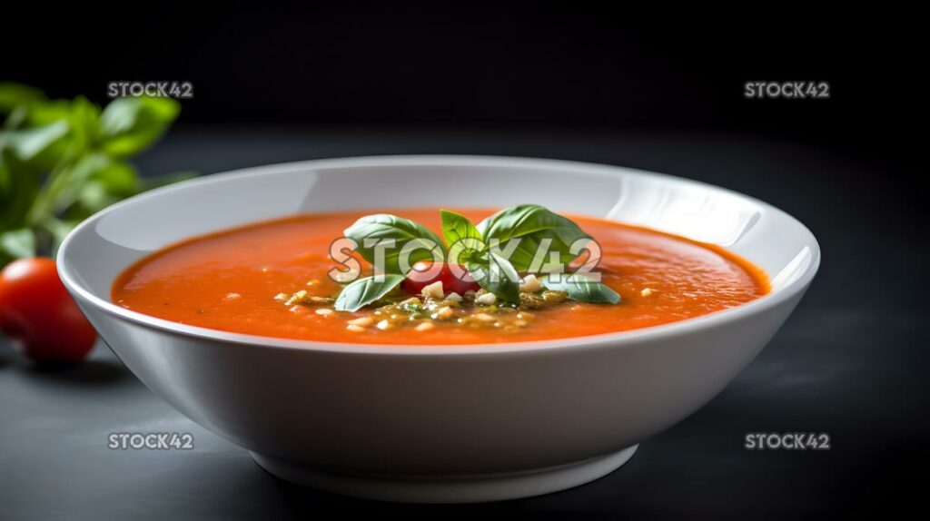 Eine erfrischende Schüssel aus Gazpachosoupmit Asprigofbasi