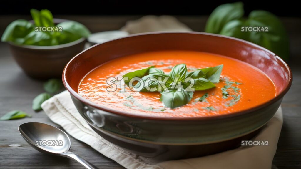 Eine erfrischende Schüssel aus Gazpachosuppe mit Asprigofbasi