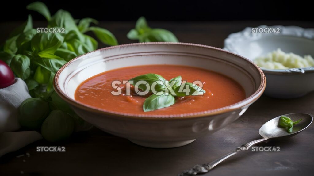 Eine erfrischende Schüssel aus Gazpachosuppe mit Asprigofbasi drei