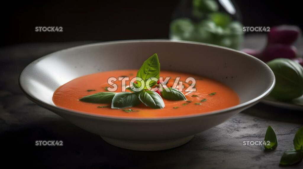 Eine erfrischende Schüssel aus Gazpachosuppe mit Asprigofbasi zwei