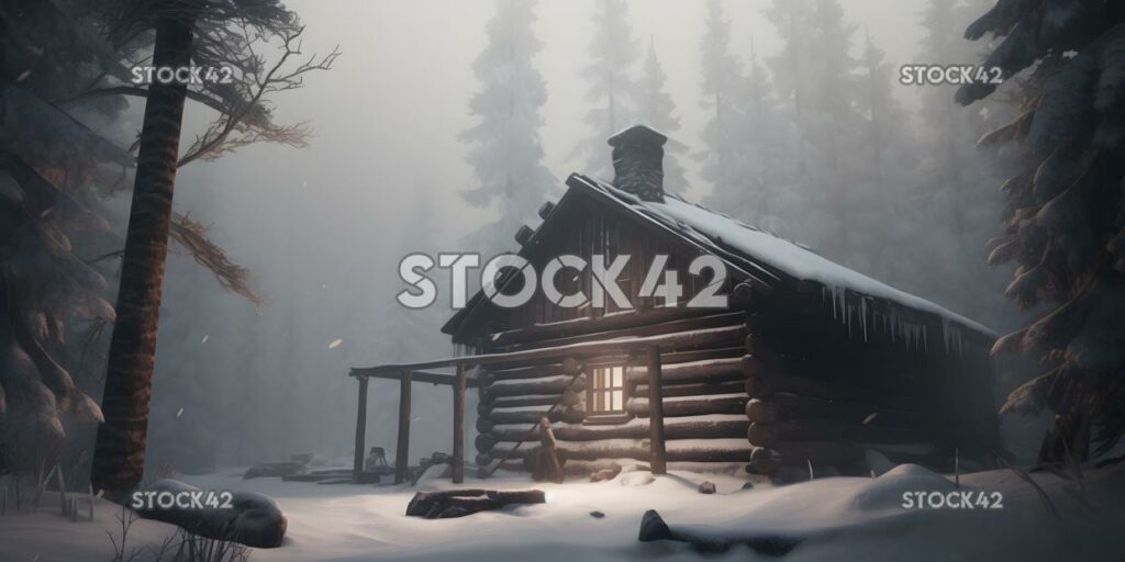 Eine schneebedeckte Hütte im Wald mit Rauchaufstieg von zwei