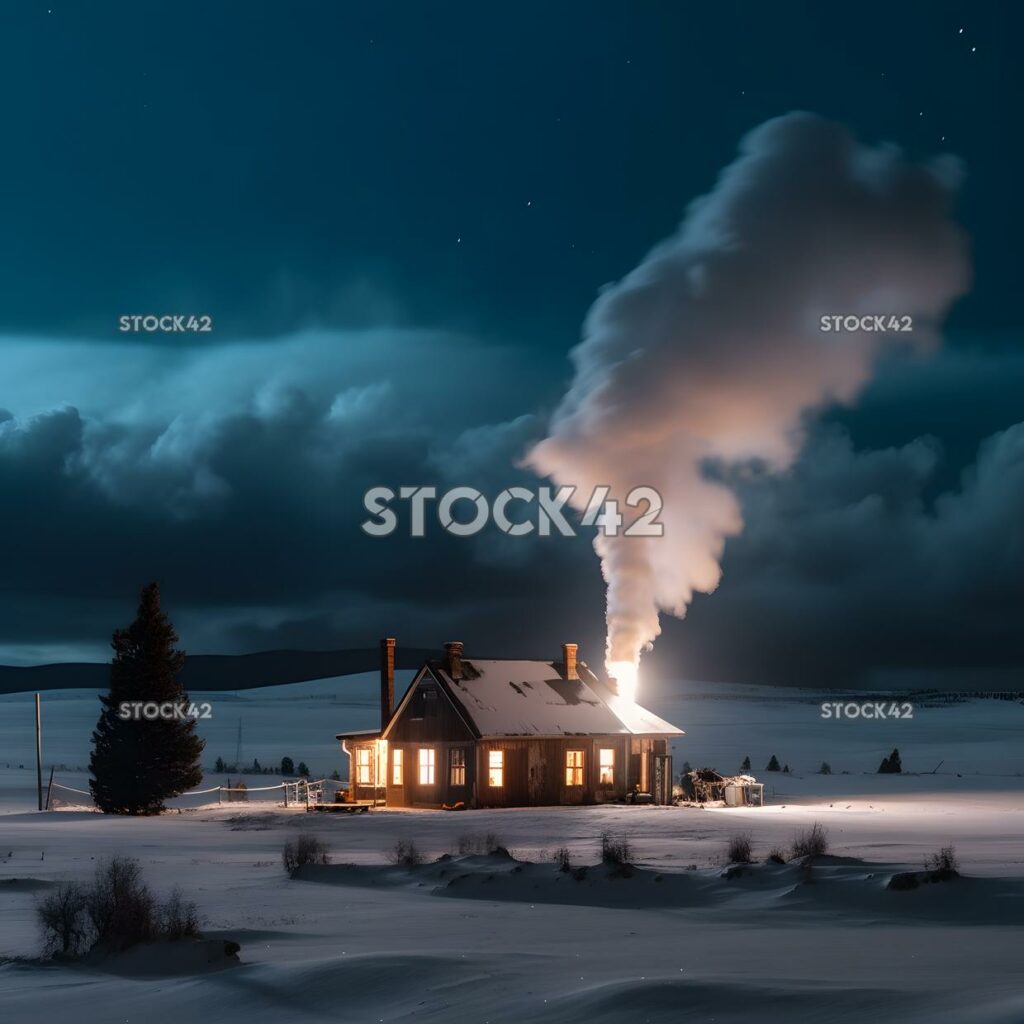 Eine verschneite Landschaft mit einer Hütte in der Ferne und einer Hütte