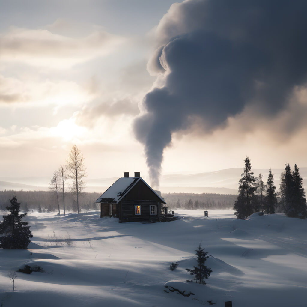 Un paisaje nevado con una cabina en la distancia y dos humo