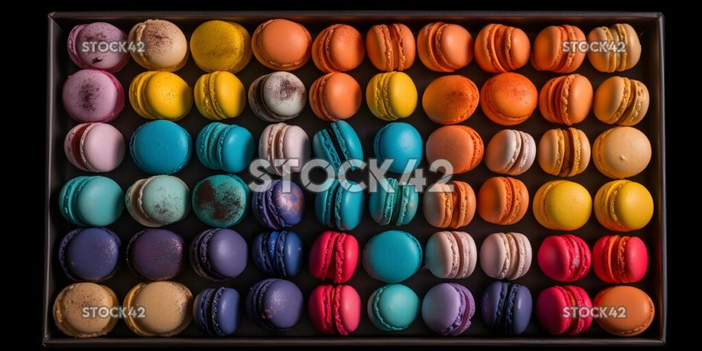 Atrayofcolorfulmacaronsarrangedinaprettypatter three