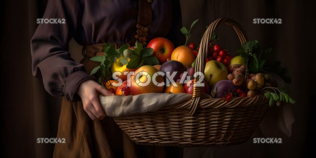 Una mujer lleva una cesta de frutas frescas y verduras