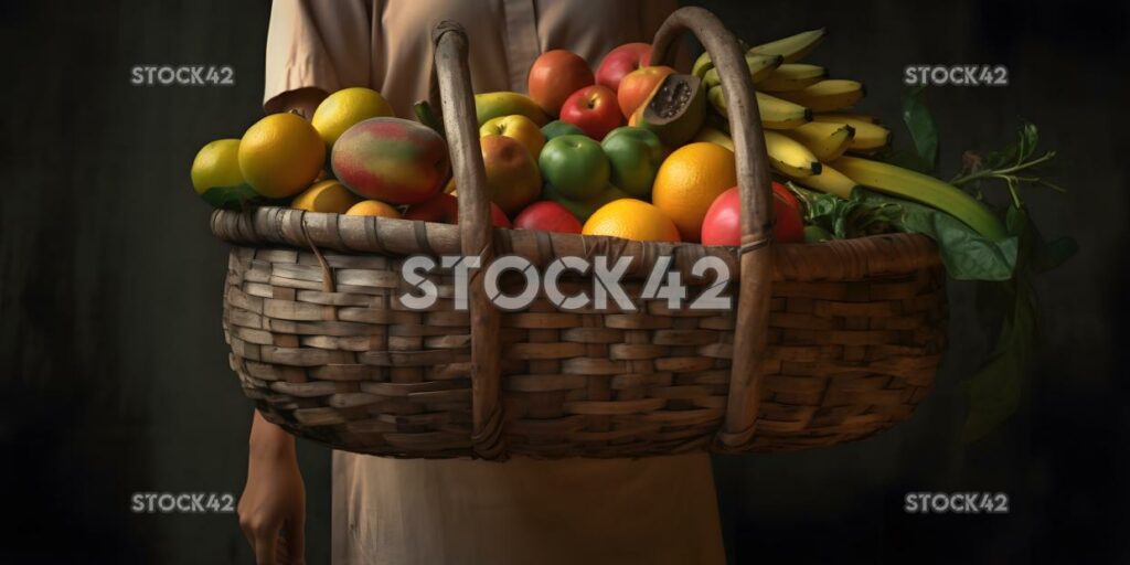 Una mujer que lleva una cesta de fruta fresca y verduras dos