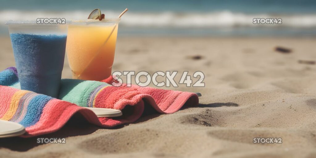 Colorful flip-flops and a beach towel lay on the sand nex