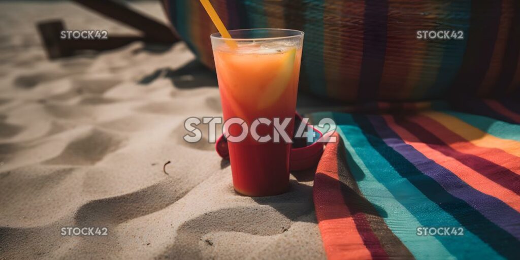 Colorful flip-flops and a beach towel lay on the sand nex one