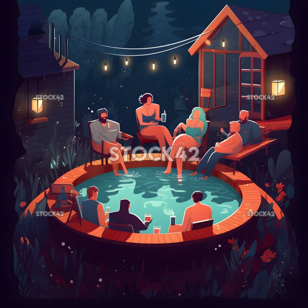 Create a picture of a group of friends enjoying a hot tub