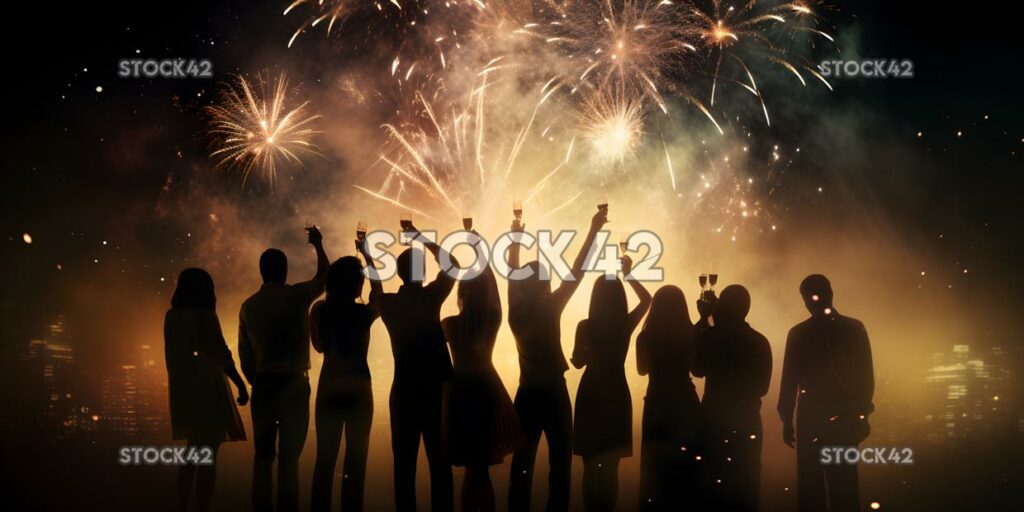 Create a picture of a group of people celebrating New Yea one