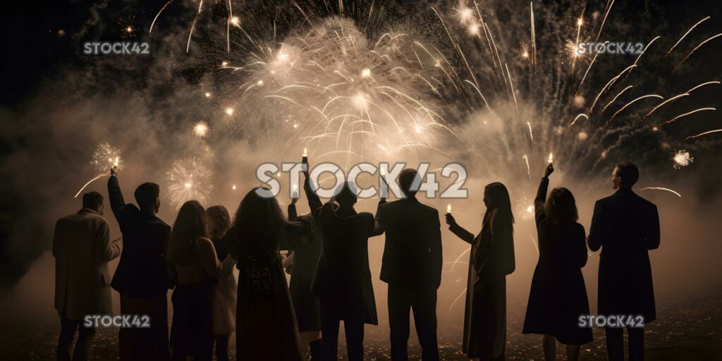 Create a picture of a group of people celebrating New Yea two