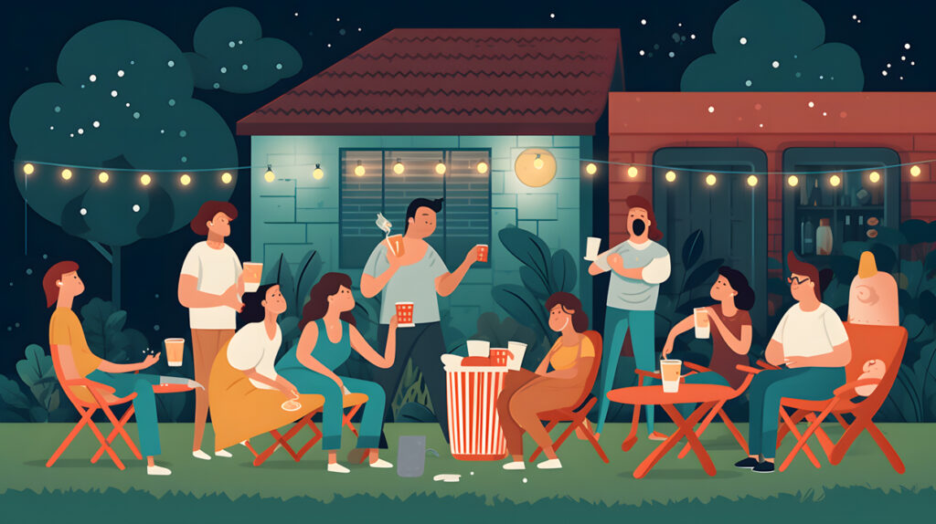 Create a picture of a group of people having a backyard m