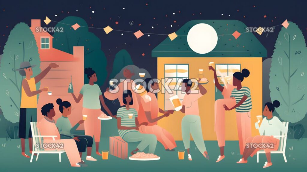 Create a picture of a group of people having a backyard m one